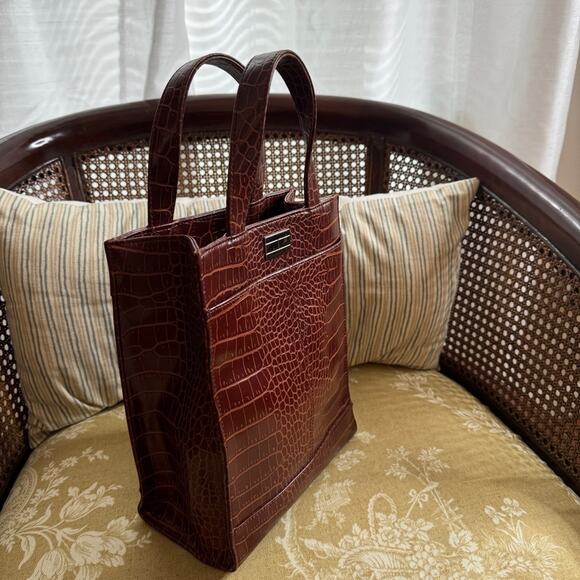 Tommy Hilfiger Vintage Y2K Satchel Purse Tote Embossed Croc Print Brown - Picture 2 of 6